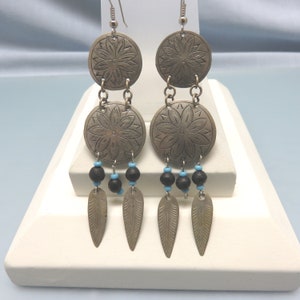 Ethnic Thai Dangle Pierced Earrings, Vintage Shoulder Duster Pierced Earrings