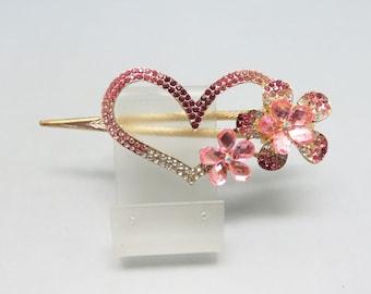 Vintage Huge Pink Rhinestone Heart and Flowers Hair Clip