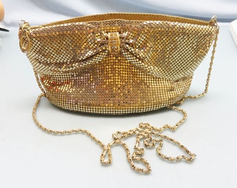 Vintage Formal Gold Satin and Gold Mesh Evening Purse, Rhinestone Accent