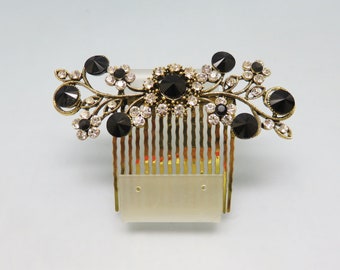 Vintage Black and Clear Rhinestone Hair Comb , 1980s Gold Metal Hair Comb