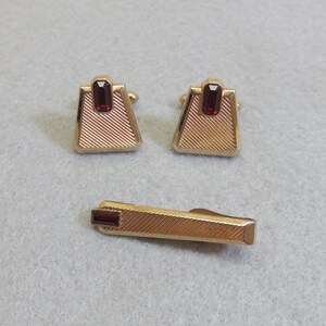Fabulous 1960s Red Rhinestone Cuff Link and Tie Clasp Set