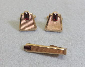 1960s SWANK Red Rhinestone Cuff Link and Tie Clasp Set
