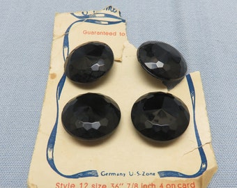 Faceted Black Glass Buttons, Set of 4  Glass Buttons, Mint on Card