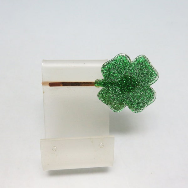 Green Glittery Shamrock Bobby or Hair Pin, Vintage, Four Leaf Clover Hair Pin