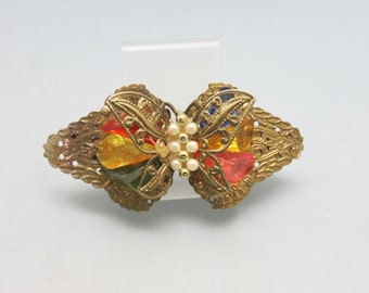 Vintage Citrusy Colored Plastic Bead Hair Barrette, Golden Filigree Metal