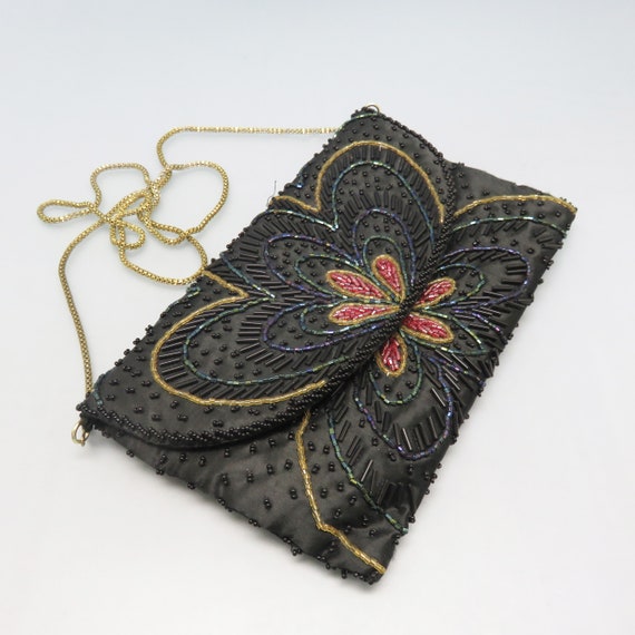 Vintage Black, Cranberry and Gold Beaded Purse, B… - image 1