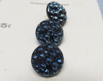 Blue Lustered Black Glass Buttons, Set of 3 Glass Buttons, Mint on Card