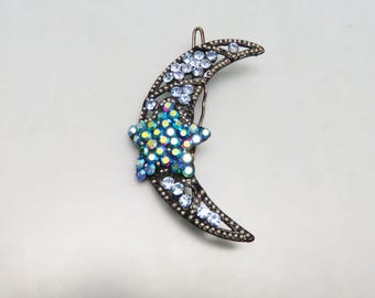 Crescent Moon Hair Barrette, Vintage Rhinestone Hair Barrette, Medium Sized Barrette