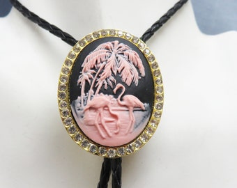 Over the top, Rhinestone Framed Pink and Black Flamingo Bolo Tie,  Handmade