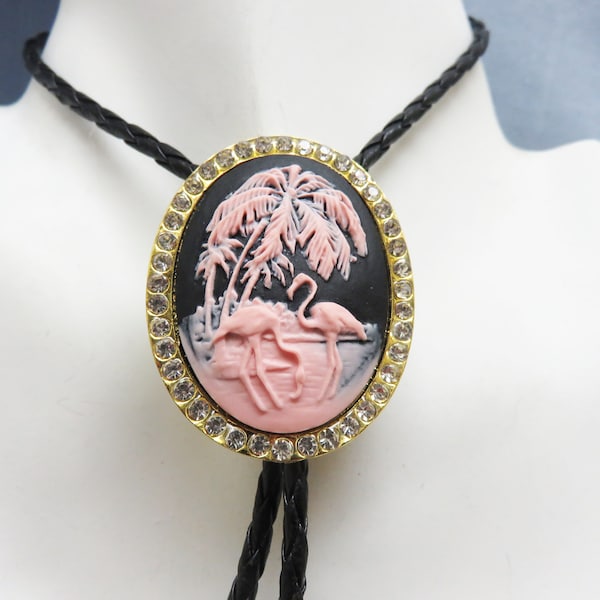 Over the top, Rhinestone Framed Pink and Black Flamingo Bolo Tie,  Handmade