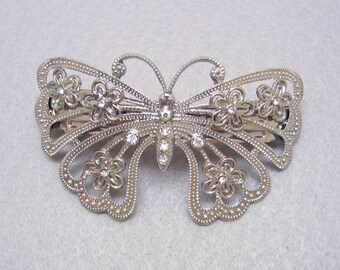 Vintage Big Bold Silver Metal Rhinestone Butterfly Hair Barrette