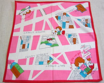 Vintage Child's Printed Cotton Handkerchief, Map Design, Red and Pink