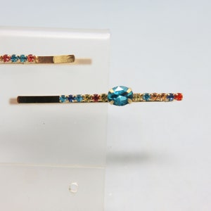 Pair of Vintage Rhinestone Bobby or Hair Pins, Aqua and Pastel Colors