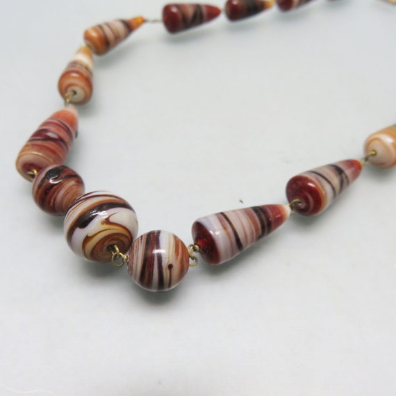 Brown and White Art Glass Beaded Necklace, Vintag… - image 2
