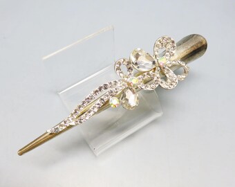 Fiery Clear Rhinestone Hair Clip, Silvertone Metal, 5 1/4ths Inches Long