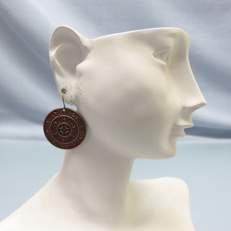 Rust Red and Gold Ethnic Pierced Earrings, Disc Earrings image 4