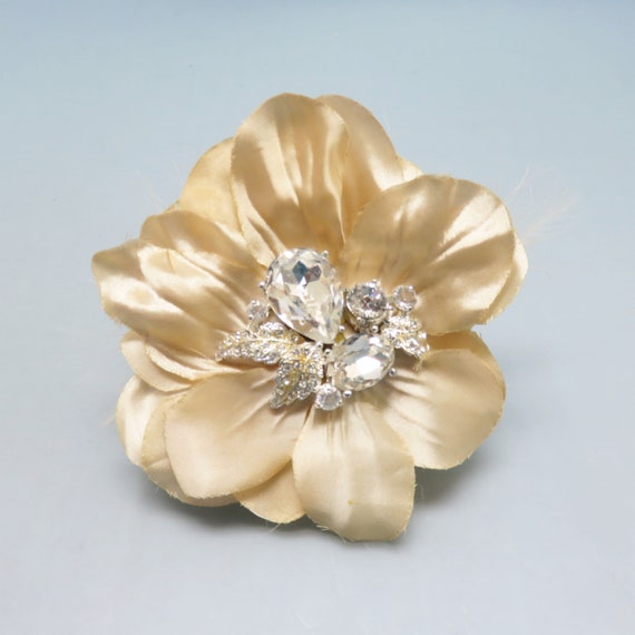 Vintage Beige Satin Flower Hair Clip, Rhinestone A