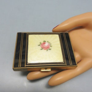 Vintage 1950s Black and Brass Shields Compact, Enamel Rose Top*