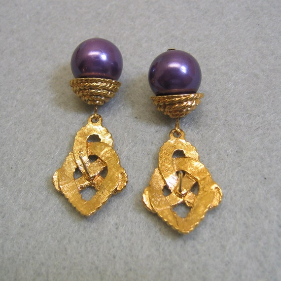 Pearl Drop Pierced Earrings, Purple with Golden L… - image 2