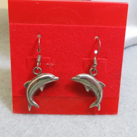 1980s Sterling Silver Dolphin Pierced Earrings, T… - image 2