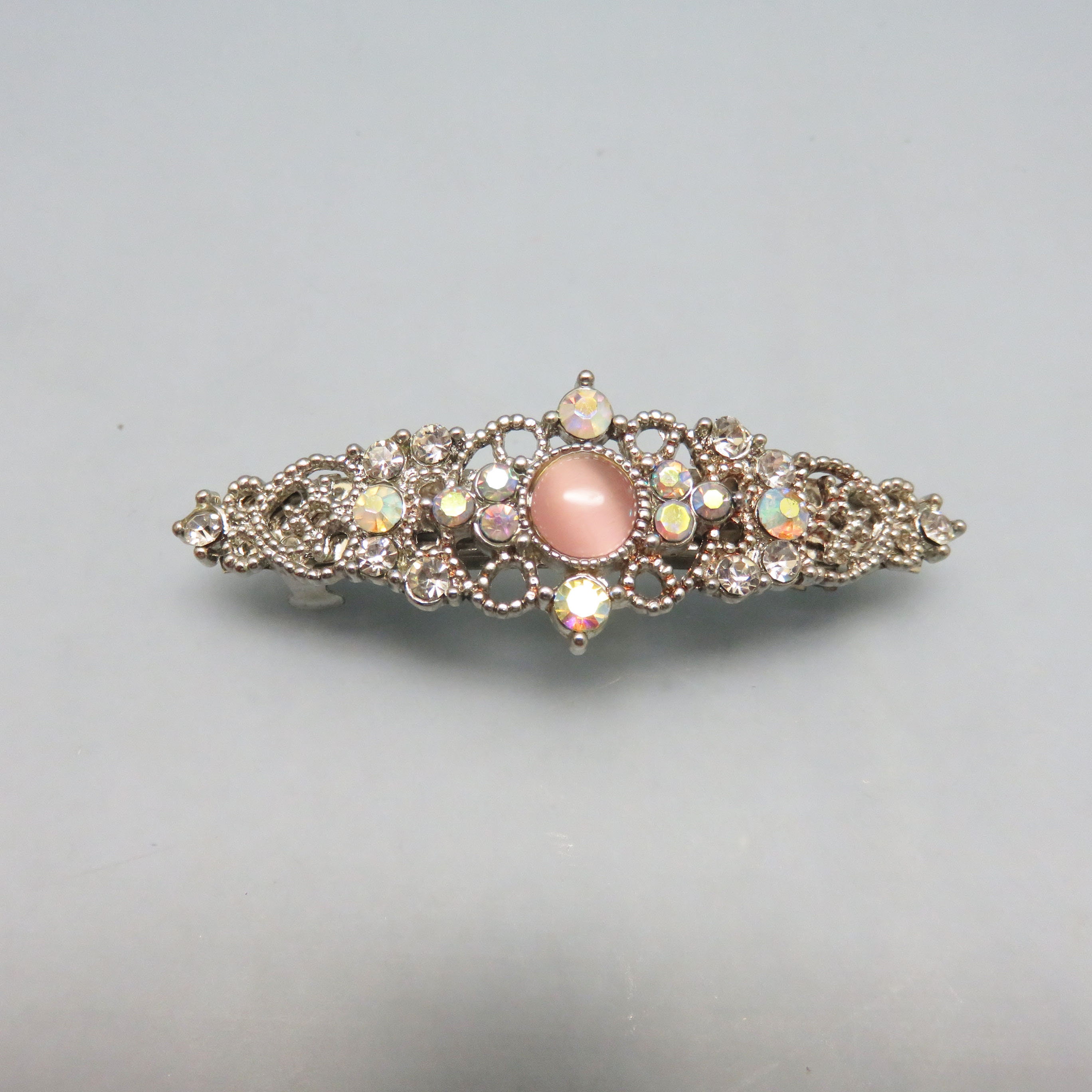 Pink Moonstone Glass Rhinestone Hair Barrette - 1960s  display picture 3