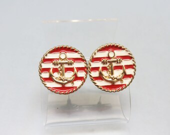 Vintage 1980s Nautical Design Pierced Earrings, Red and White Anchor Earrings