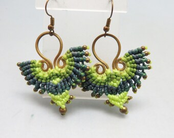 Dramatic Two Color Green Beaded Pierced  Earrings