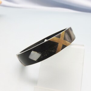 Horn Bangle Bracelet,  Geometric Mother of Pearl and Brass Design, Vintage Bangle