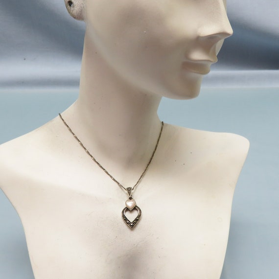 Sterling Marcasite Mother of Pearl Heart Pendant,… - image 5