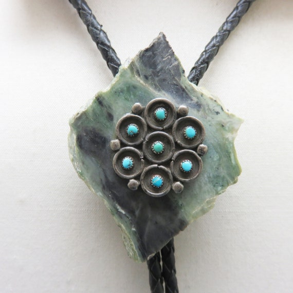 Sterling and Turquoise Bolo Tie, Handmade Gray Gr… - image 1