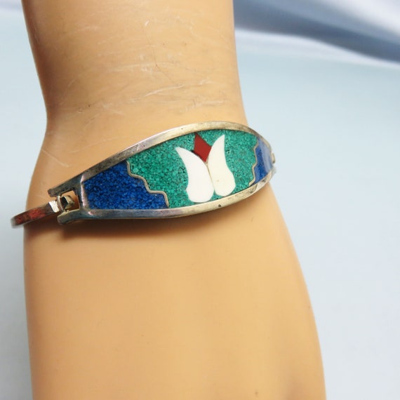 Mexican  Alpaca Silver, Tulip Themed Hinged Bangl… - image 5