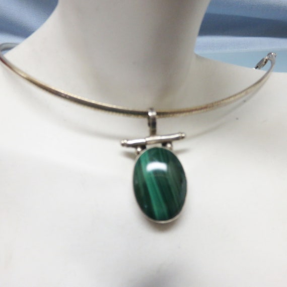 Sterling and Malachite Necklace, Omega Chain, Big… - image 4