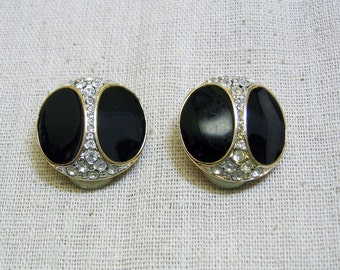 Rhinestone and Black Enamel Clip Earrings, Vintage