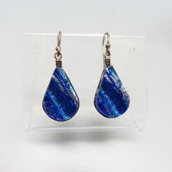 Blue Dichroic Glass Pierced Earrings,  Vintage Pi… - image 1