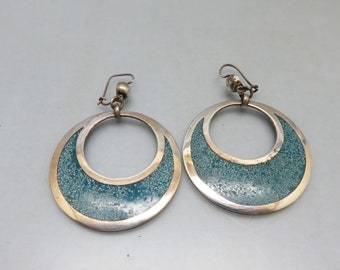 Turquoise and Sterling Silver Hoop Earrings, Vintage Southwestern Pierced Hoops