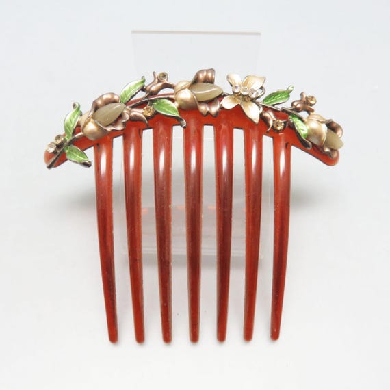 Vintage Tortoise Shell Hair Comb: Rhinestone Flowers  display picture 3