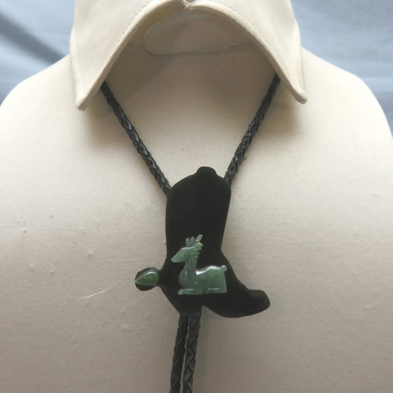 Vintage Jadeite and Onyx Gazelle Bolo Tie, Vintag… - image 1