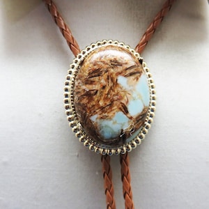 Handmade Regalite Bronzite Bolo Tie: Light Blue & Brown Stone