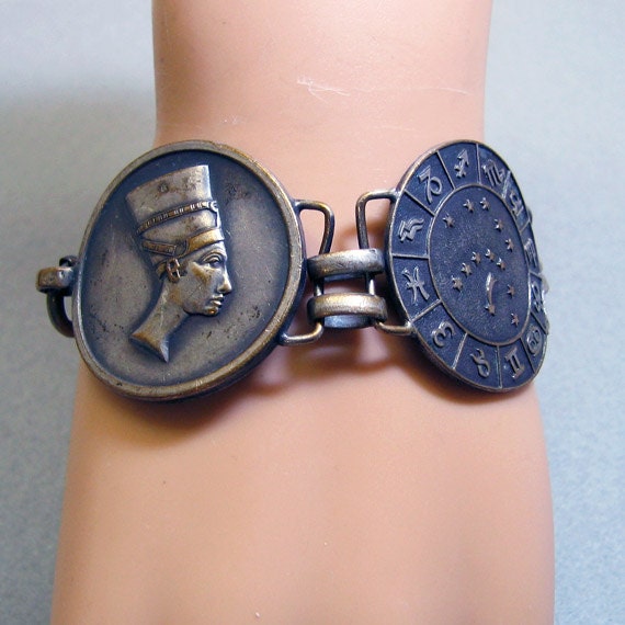 Egyptian Themed Aged Brass Link Bracelet, 1960s, … - image 1