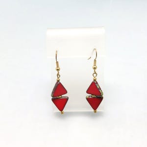 Red Pottery Pierced Earrings, Modern Art Deco Design, French Hook