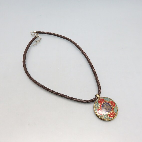 Vintage Cloisonne' Pendant Necklace, Black Leathe… - image 2