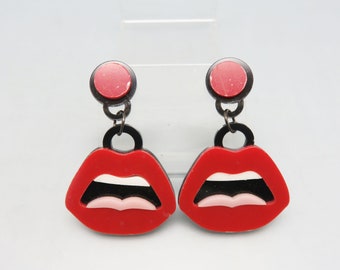 Vintage Red Lipsticked Mouth Earrings, Fun Living Large Earrings