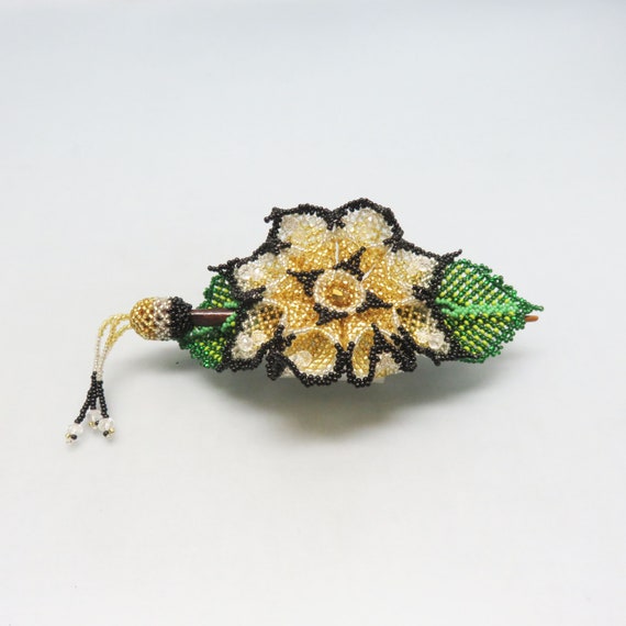 Vintage Hand Beaded Flower Stick Barrette, Gold, Black  display picture 3