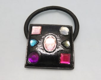 Vintage  Modern Rhinestone  Ponytail Holder, Black Elastic Band, Colorful Rhinestones on Black