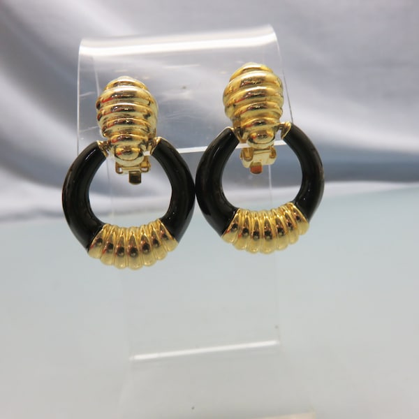 Fancy Door Knocker Black Enamel Clip On Earrings