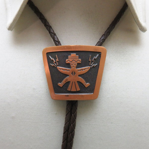 Vintage Solid Copper Lightning Man Bolo Tie, Native American Style Bolo