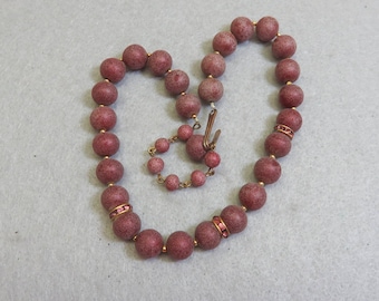 Vintage Maroon Frosted Glass Beaded Necklace with Rhinestones