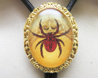 Glass Spider Bolo Tie: Victorian Style Brown & Red Design