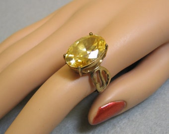 Huge Canary Yellow Cubic Zirconia Ring, Size 8.50, Gold over Sterling Silver Band