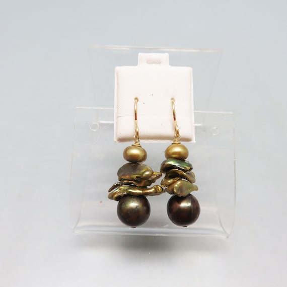 Vintage Stacked Real Pearl Pierced Earrings, Gree… - image 2